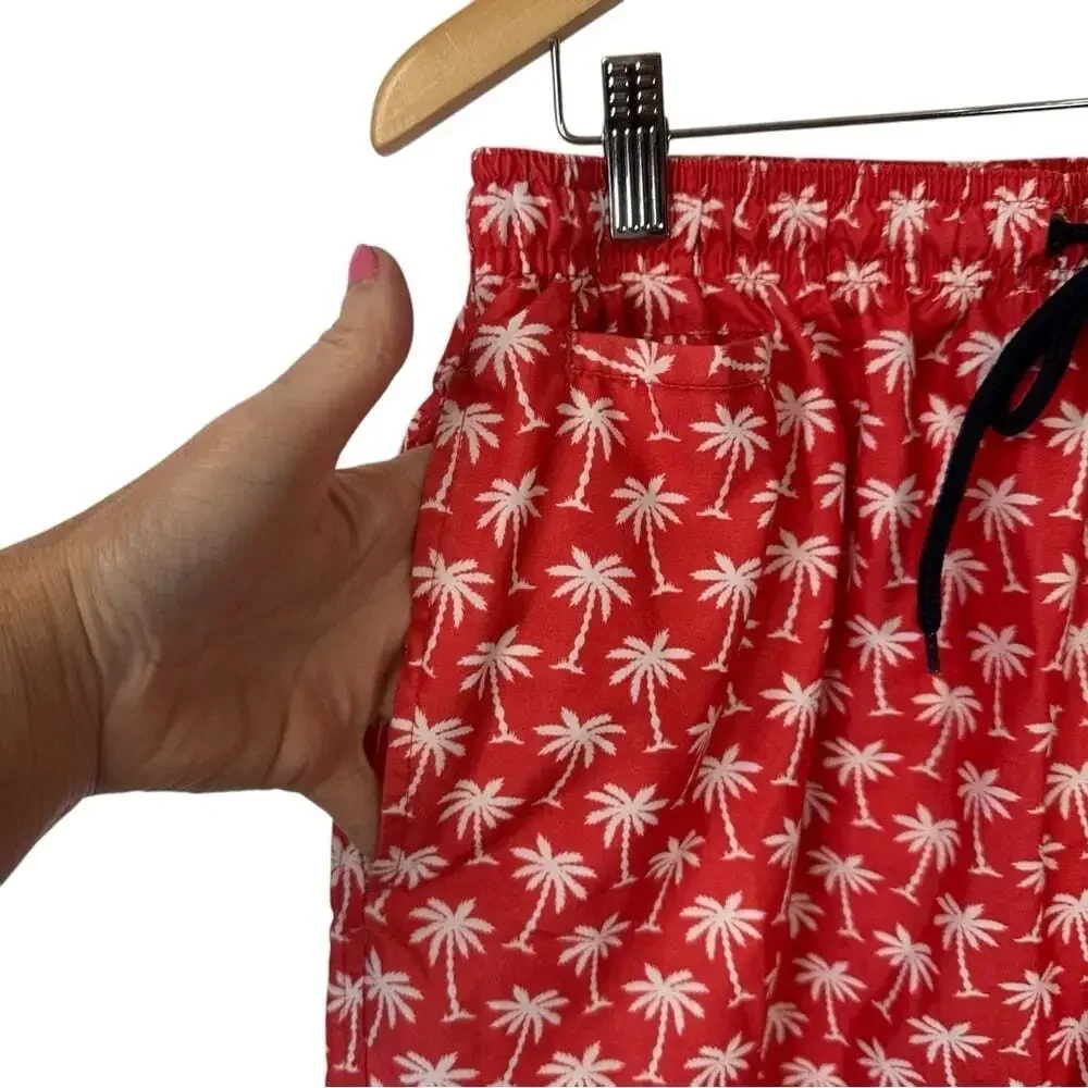 Trunks Red Palm Tree Print Swim Shorts Men’s Large Quick‑Dry Tropi‑Vacay Core